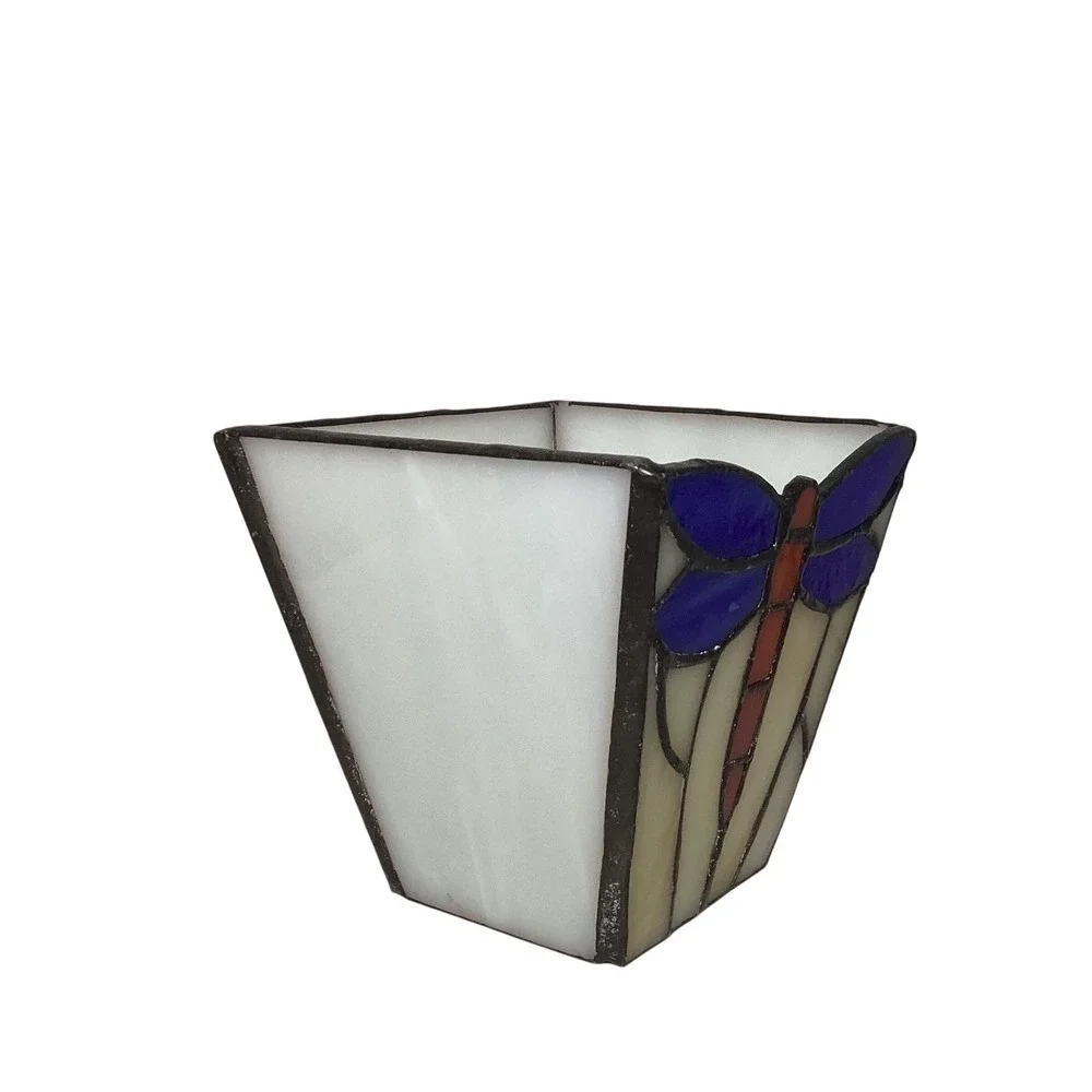 Handmade Stained Glass Dragonfly Holder and Pressed Flower Tulip Set Blue White
